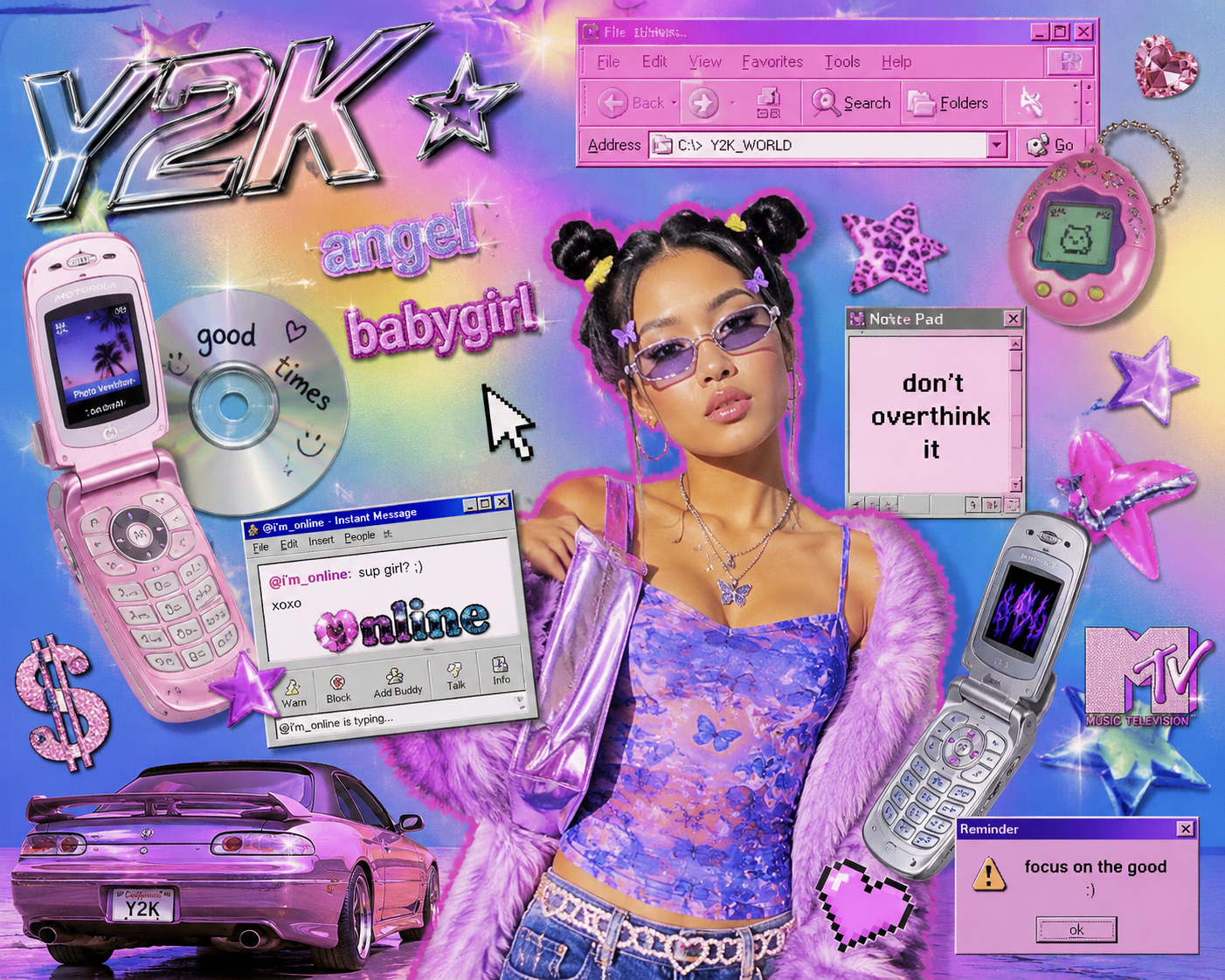 Colagem digital em estilo Y2K com elementos dos anos 2000, com celulares flip, janelas de computador antigas, brilho neon, adesivos coloridos e uma garota usando roupas fashion futuristas